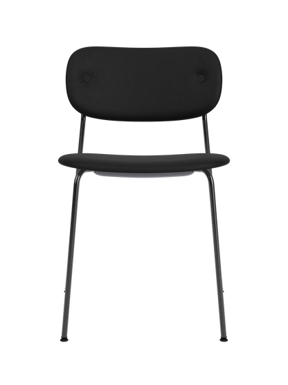 Fully upholstered Co Dining Chair in black Sierra leather with a slender black steel frame, viewed from the front.