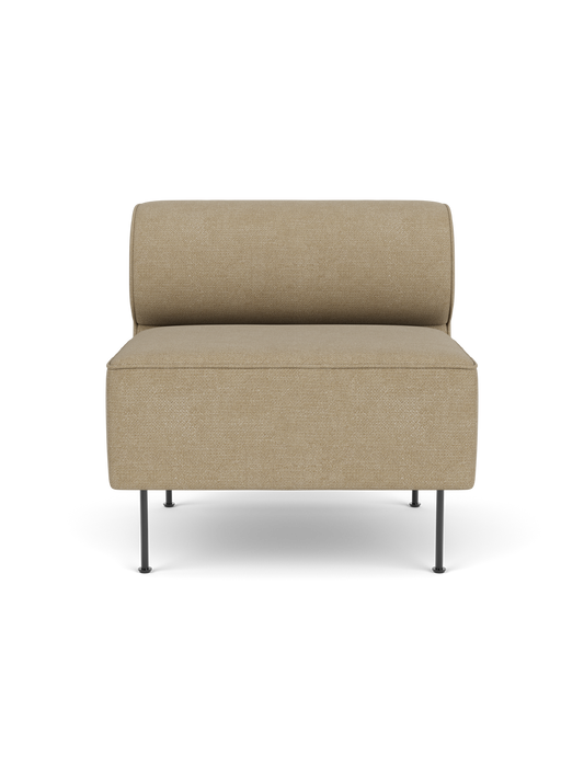 Front view of the Eave Dining Sofa module in light brown Audo Bouclé 02 fabric, showing its low back and slim metal legs.