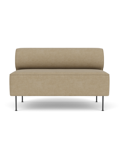 Front view of the Eave Dining Sofa, upholstered in beige Audo Bouclé 02, showing its slim metal legs and cylindrical back.