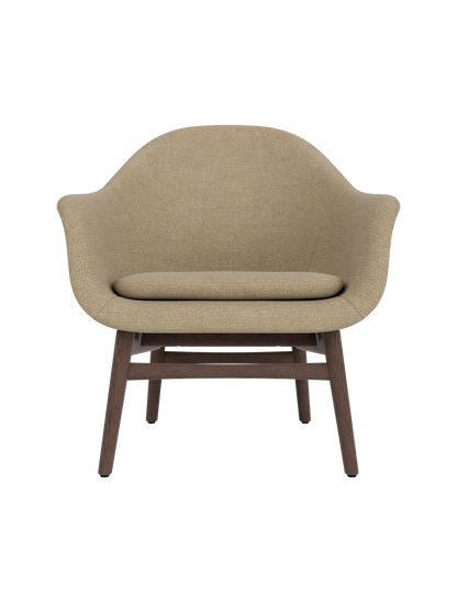 Harbour Lounge Chair with beige Audo Bouclé 02 upholstery and a dark stained oak frame against a white background.
