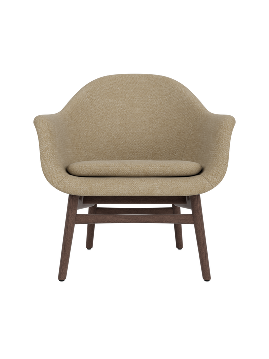 Harbour Lounge Chair with beige Audo Bouclé 02 upholstery and a dark stained oak frame against a white background.