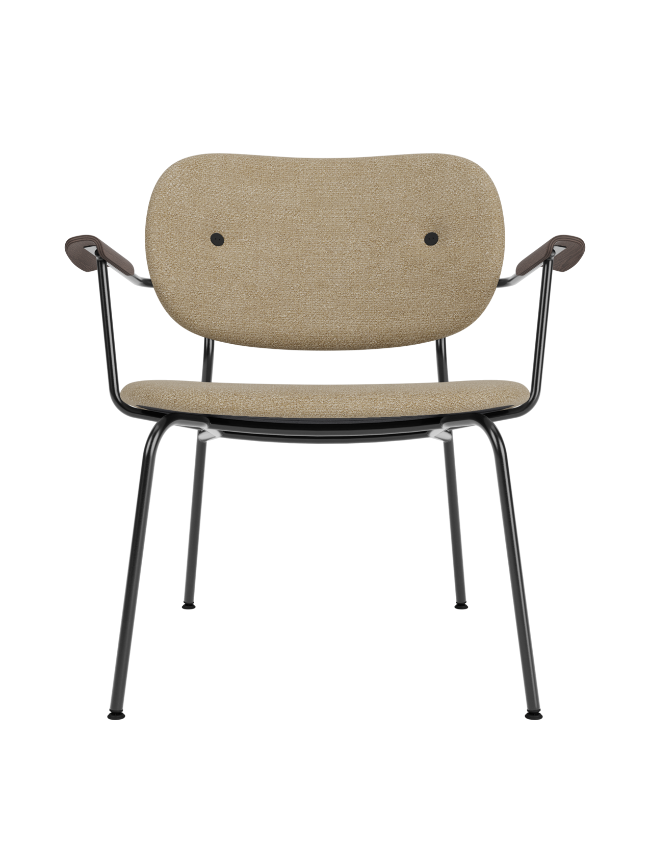 Co Lounge Chair in beige Audo Bouclé 02 with dark stained oak armrests and a slender black powder-coated steel base.