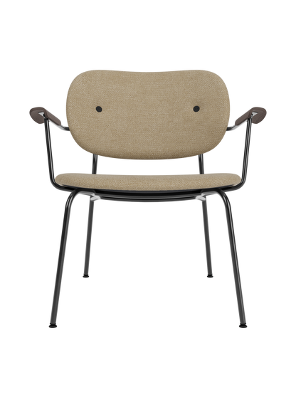 Co Lounge Chair in beige Audo Bouclé 02 with dark stained oak armrests and a slender black powder-coated steel base.
