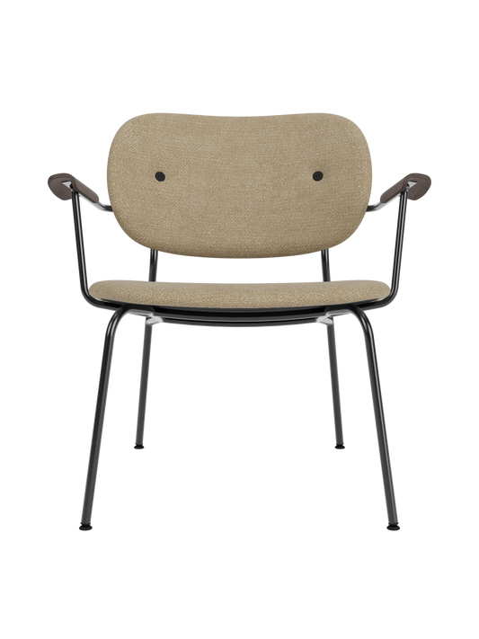 Co Lounge Chair in beige Audo Bouclé 02 with dark stained oak armrests and a slender black powder-coated steel base.