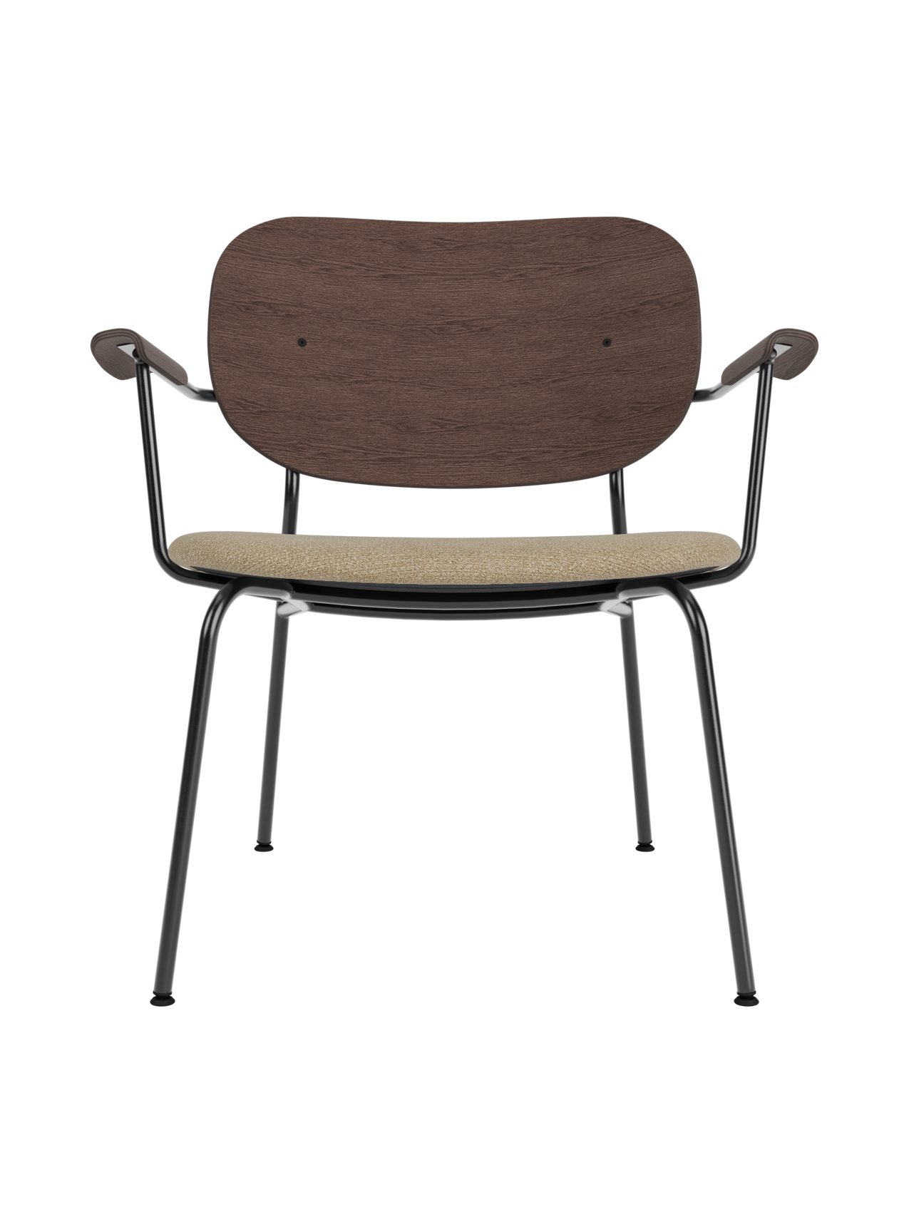 Co Lounge Chair featuring a dark stained oak backrest and beige Bouclé 02 upholstery on a black steel frame.