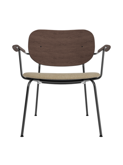 Co Lounge Chair featuring a dark stained oak backrest and beige Bouclé 02 upholstery on a black steel frame.