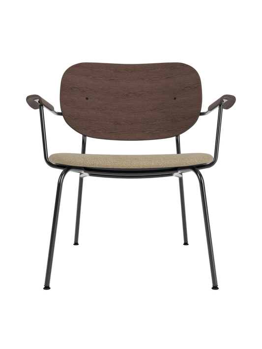 Co Lounge Chair featuring a dark stained oak backrest and beige Bouclé 02 upholstery on a black steel frame.
