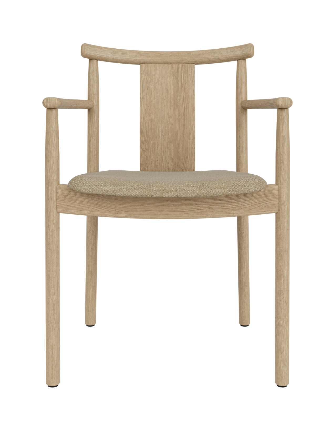 Merkur Dining Chair with Armrests in natural oak with a textured beige bouclé seat, isolated on white.