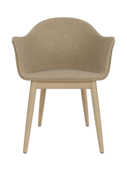 Harbour Dining Chair with beige Audo Bouclé 02 upholstery and a natural oak wooden base, shown from the front.