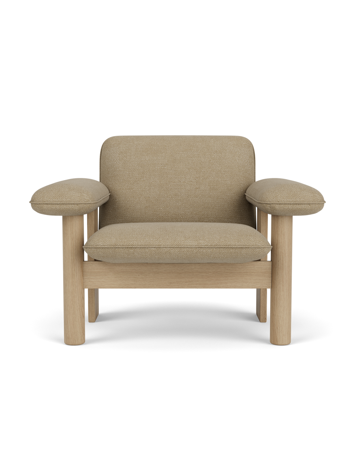 Front view of the Brasilia Lounge Chair, Low Back, with a natural oak frame and upholstered in light beige Audo Bouclé 02.