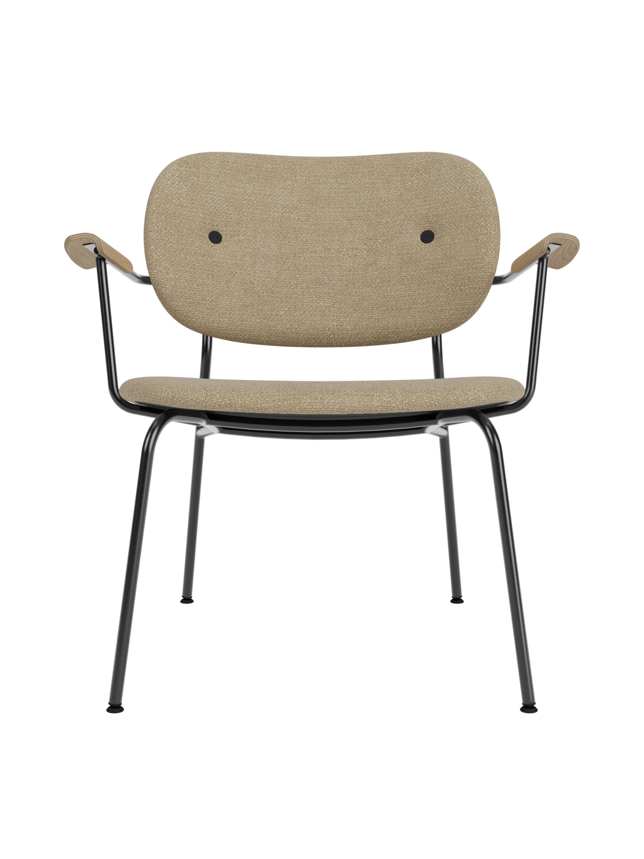 Fully upholstered Co Lounge Chair in beige bouclé fabric with natural oak armrests and a black steel base.