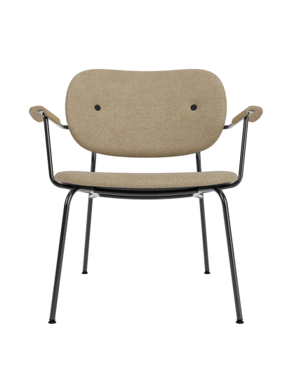 Fully upholstered Co Lounge Chair in beige bouclé fabric with natural oak armrests and a black steel base.