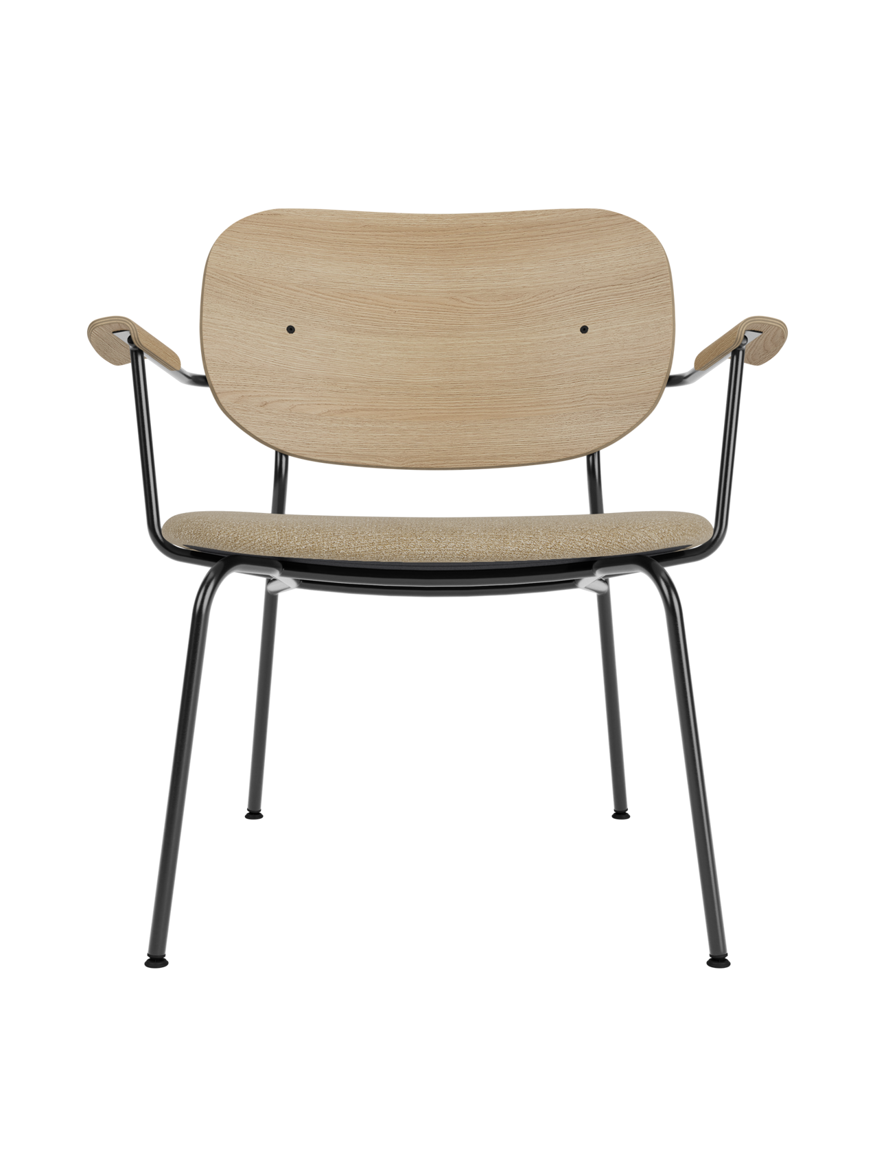 Co Lounge Chair with a natural oak backrest and beige bouclé seat on a slim black powder-coated steel frame.