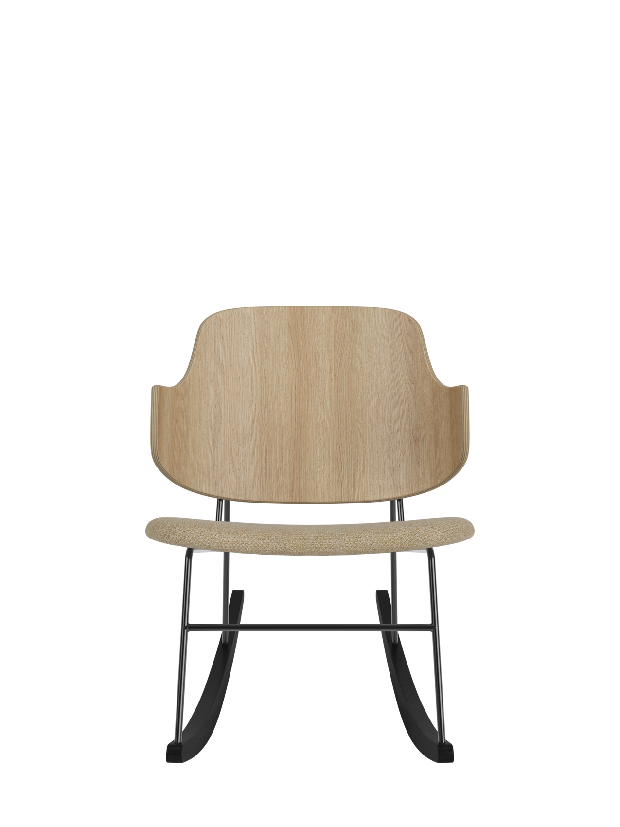 The Penguin Rocking Chair featuring a natural oak back, beige bouclé upholstered seat, and black steel frame.