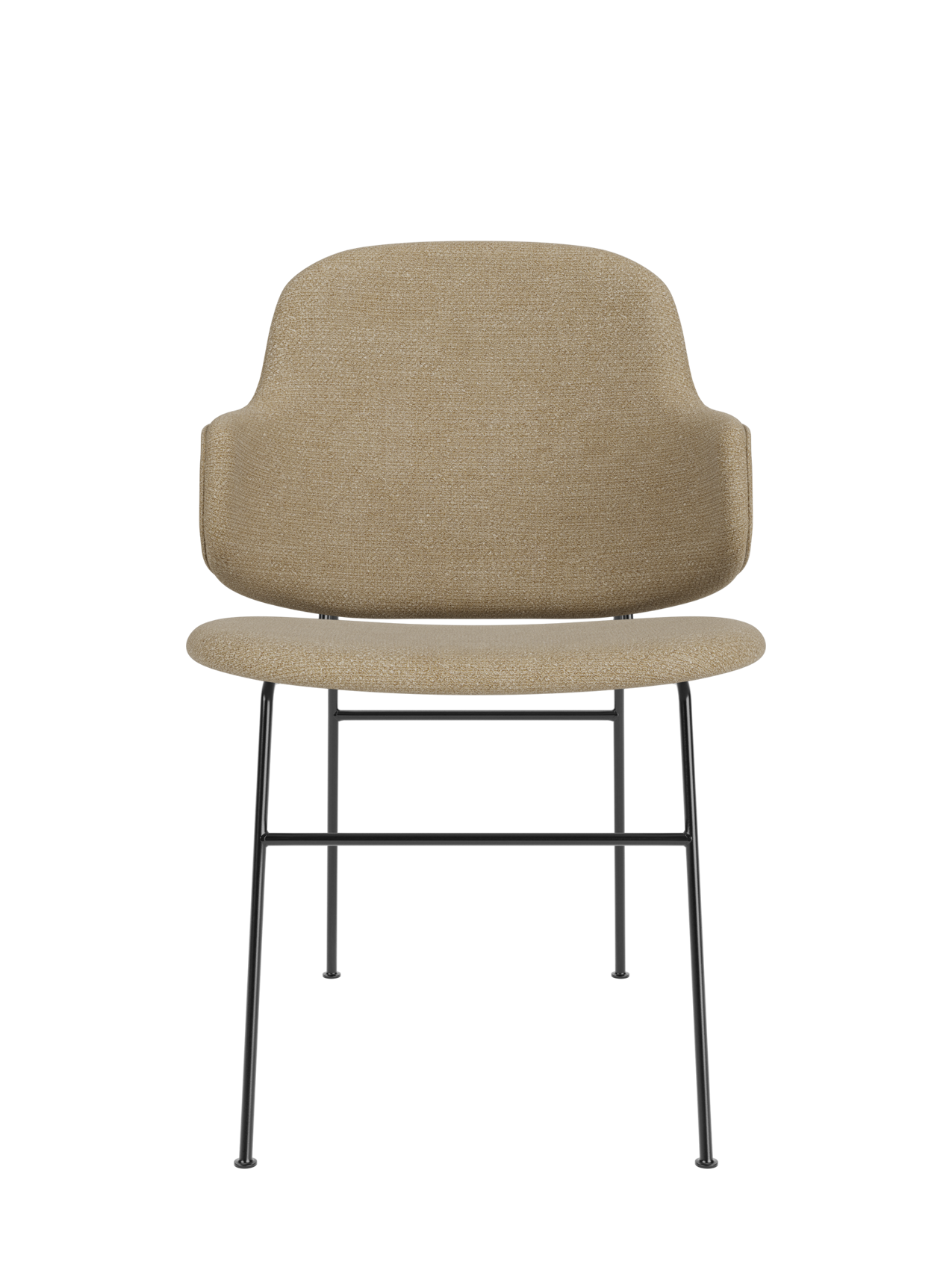 The Penguin Dining Chair in beige Audo Bouclé 02 fabric, featuring a contoured backrest and slim black steel legs.