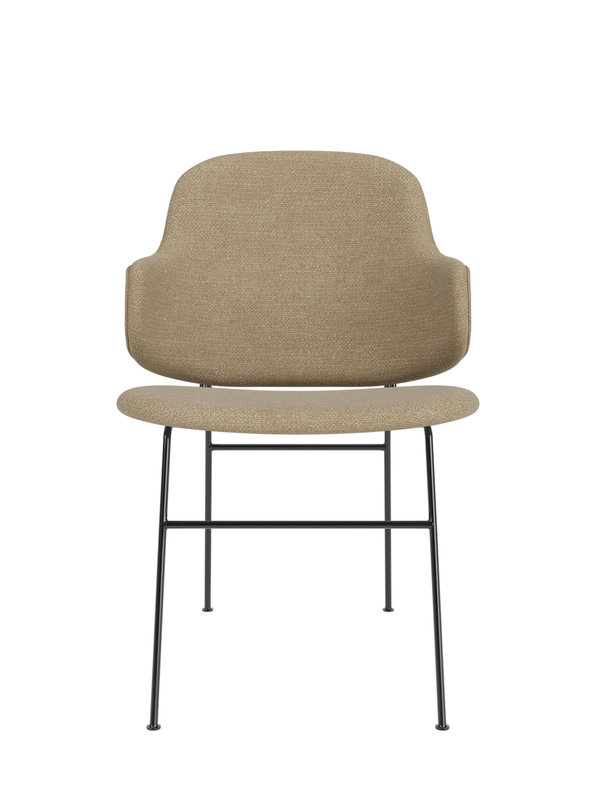 The Penguin Dining Chair in beige Audo Bouclé 02 fabric, featuring a contoured backrest and slim black steel legs.