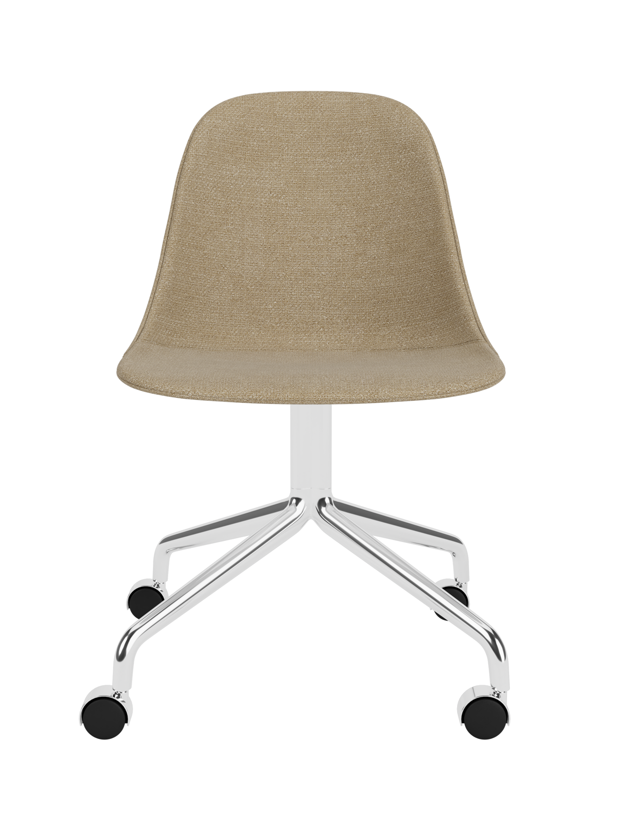 Upholstered beige Harbour Side Dining Chair in Audo Bouclé 02 with a polished aluminium star base and casters.
