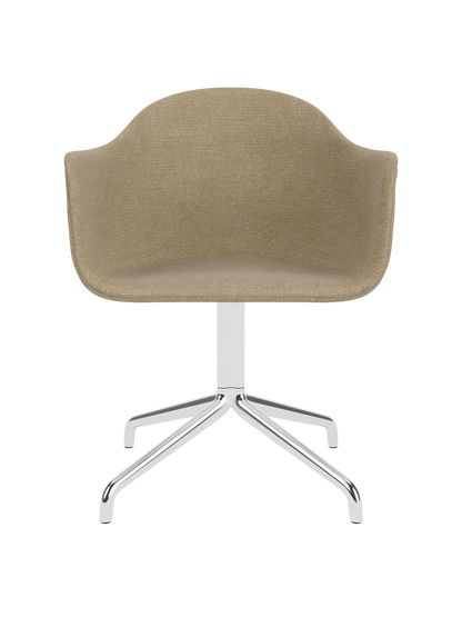 Harbour Dining Chair in beige Audo Bouclé 02 upholstery with a polished aluminium star base on a white background.