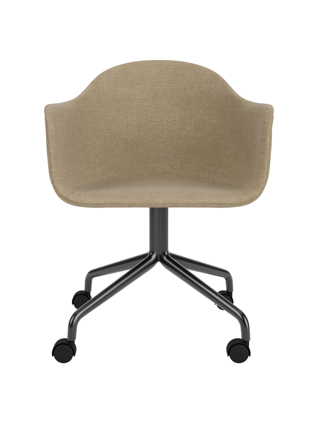 Harbour Dining Chair featuring sand-coloured Audo Bouclé 02 upholstery and a black star base with casters.