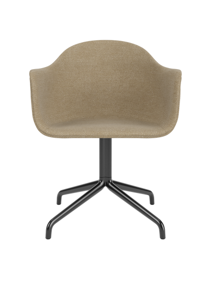 Harbour Dining Chair featuring a beige bouclé upholstered shell and a black star swivel base.