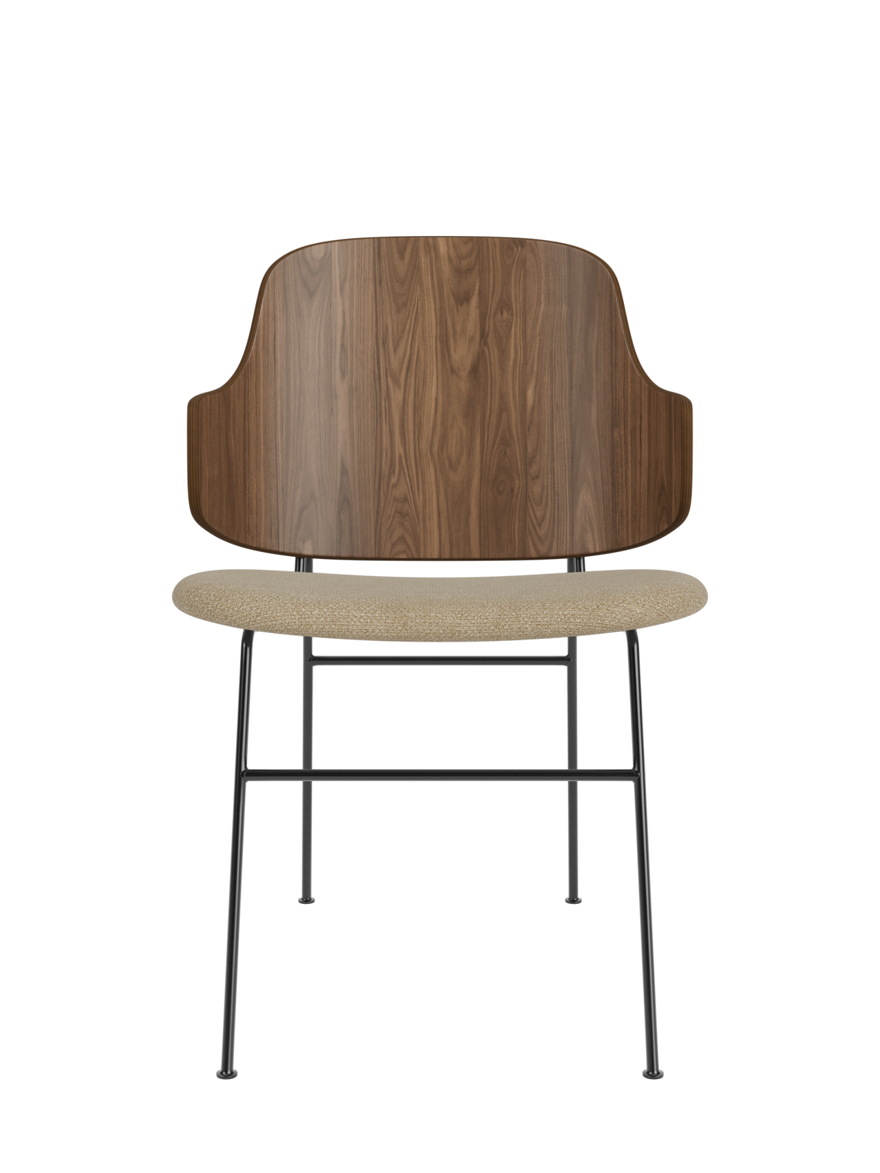The Penguin Dining Chair with a curved walnut back and beige Audo Bouclé seat on a slender black steel frame.