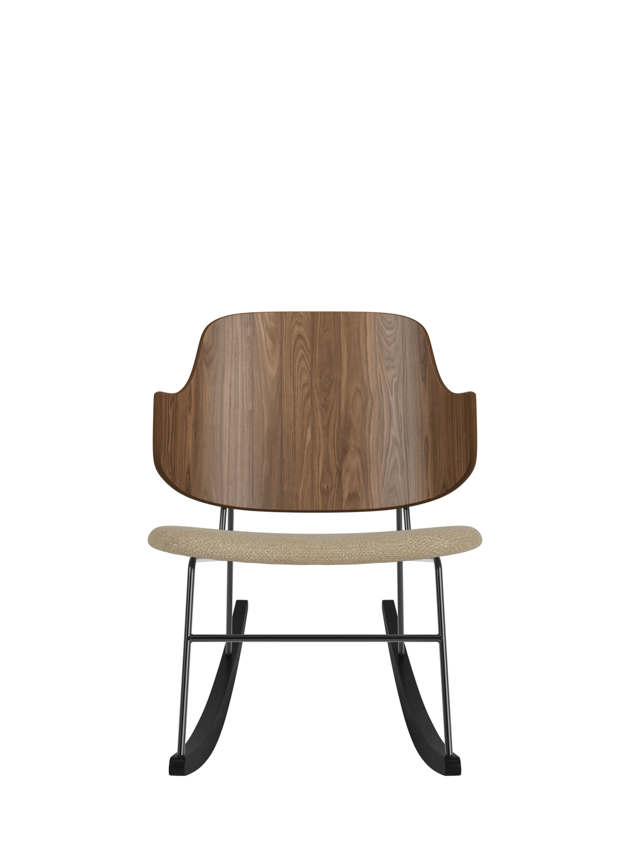 The Penguin Rocking Chair featuring a walnut veneer back and beige bouclé upholstered seat on a black steel frame.