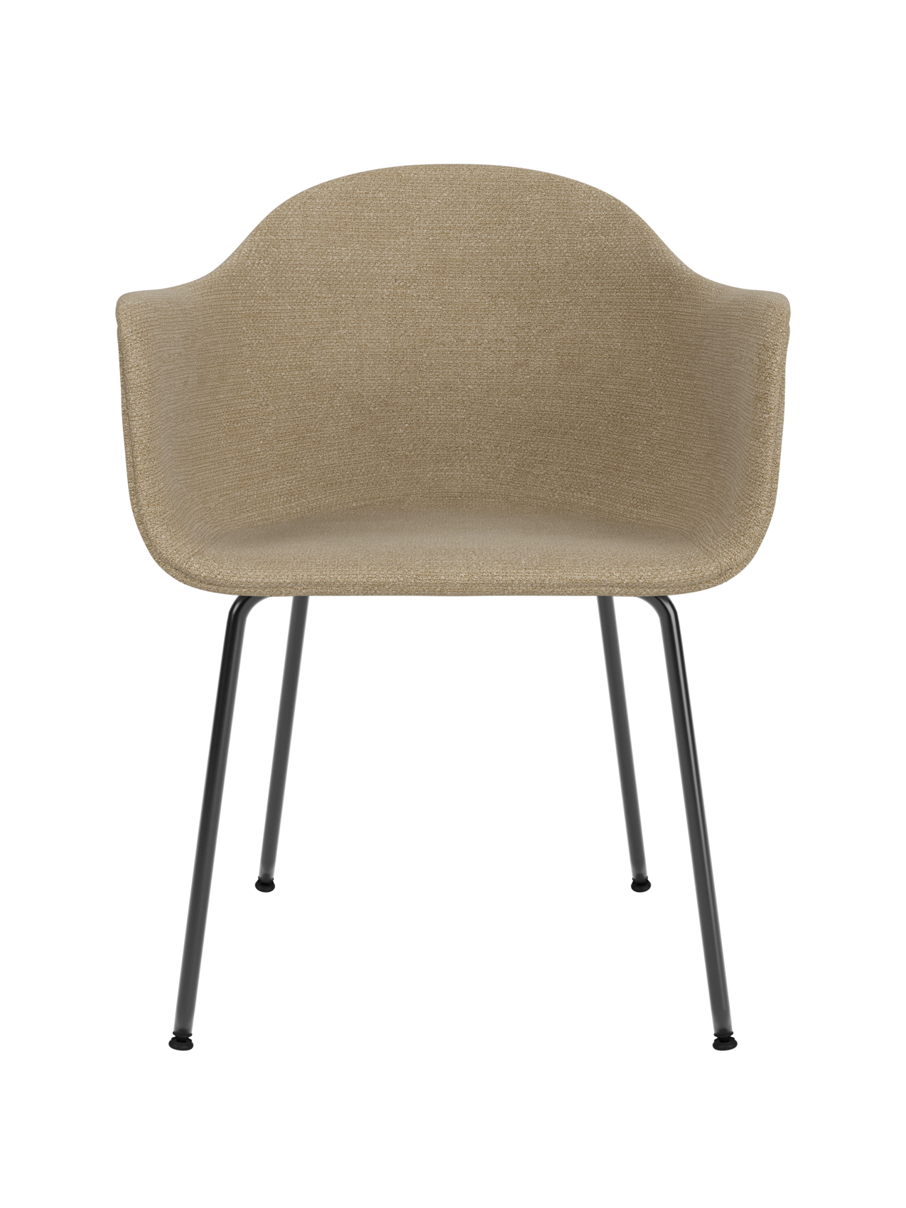Harbour Dining Chair with a curved Audo Bouclé 02 upholstered shell and slender black steel legs.