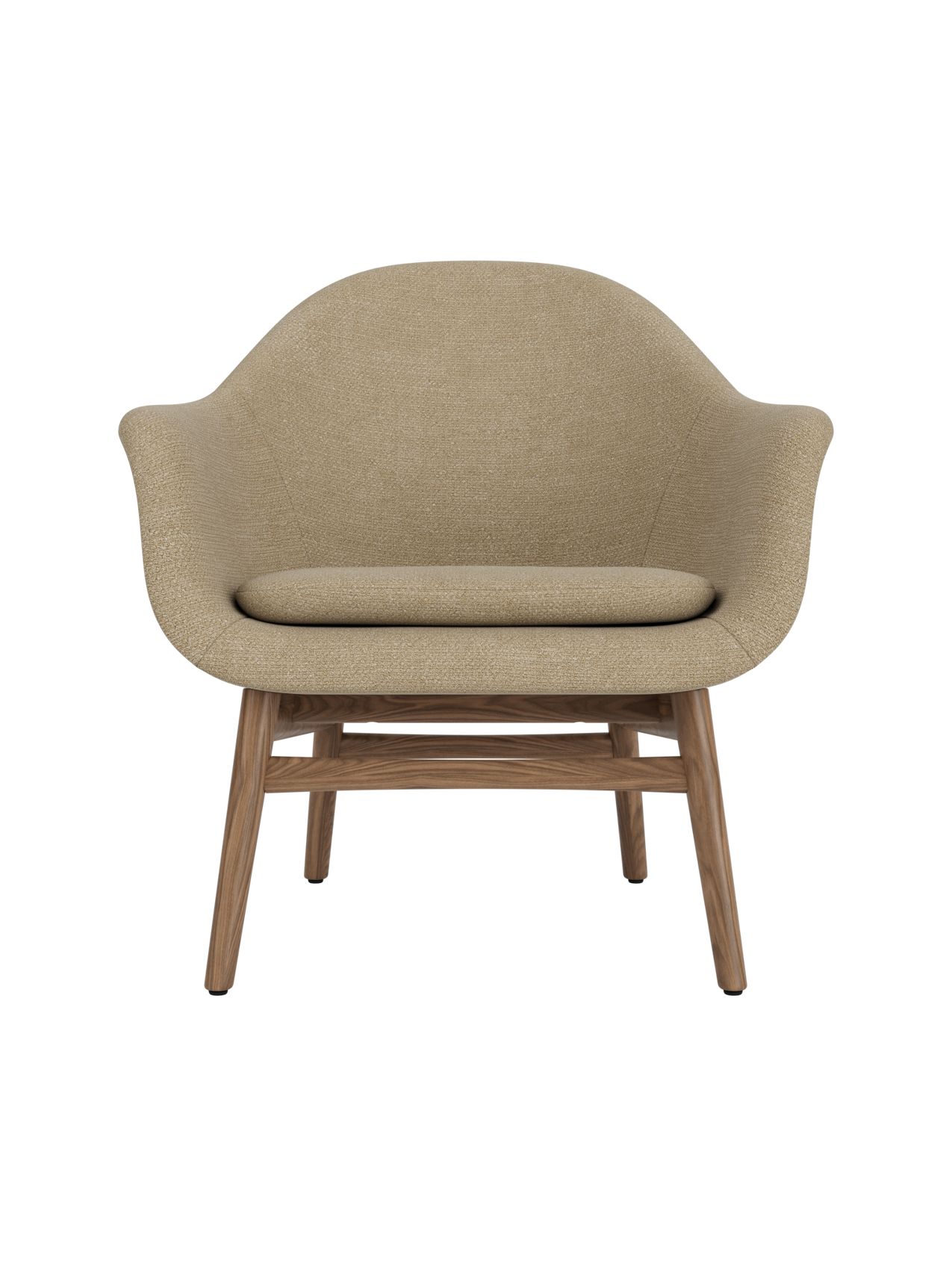 Harbour Lounge Chair in beige Audo Bouclé 02 upholstery with a solid walnut wood frame and sculptural, curved shell.