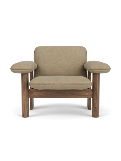Front view of the Brasilia Lounge Chair, Low Back, with a walnut wood frame and light beige Audo Bouclé 02 upholstery.