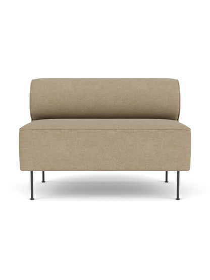 Eave Dining Sofa in Audo Bouclé 02. A minimalist sofa with a rectangular seat, round backrest, and slim black legs.
