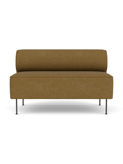 A front view of the Eave Dining Sofa in Audo Bouclé 06 fabric, a mustard-coloured banquette with a sleek, minimalist design.