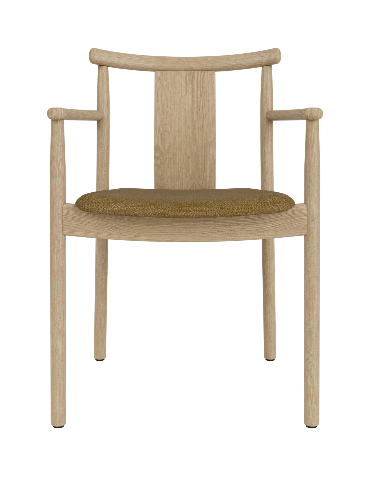 Merkur Dining Chair with Armrests in natural oak featuring a textured brown bouclé upholstered seat.
