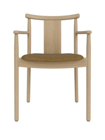 Merkur Dining Chair with Armrests in natural oak featuring a textured brown bouclé upholstered seat.