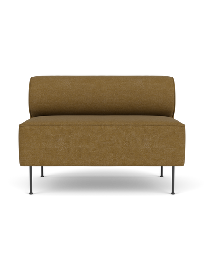 Front view of the Eave Dining Sofa, an open section module, upholstered in a textured ochre Audo Bouclé 06 fabric.