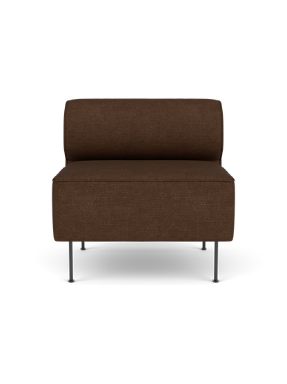 Front view of the Eave Dining Sofa, an open section module upholstered in textured brown Audo Bouclé 07, on slim metal legs.