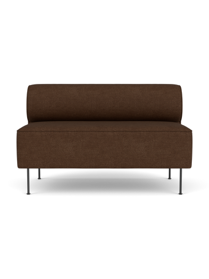 Front view of the Eave Dining Sofa in brown Audo Bouclé fabric, with a rounded backrest and slim metal legs.