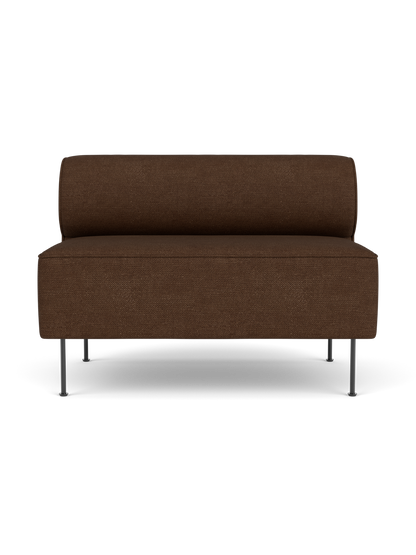 A front-on view of the Eave Dining Sofa module, upholstered in a textured brown Audo Bouclé fabric and has thin metal legs.