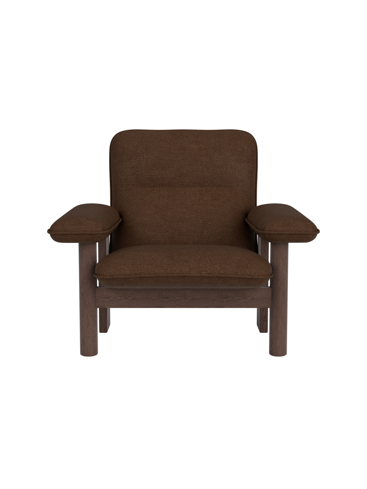 Brasilia Lounge Chair in dark stained oak with brown Audo Bouclé 07 textile upholstery and wide armrests.