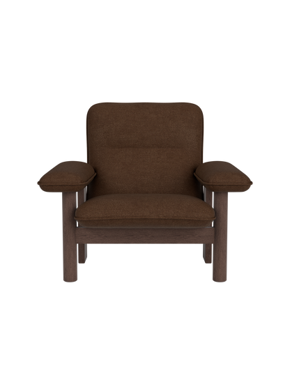 Brasilia Lounge Chair in dark stained oak with brown Audo Bouclé 07 textile upholstery and wide armrests.