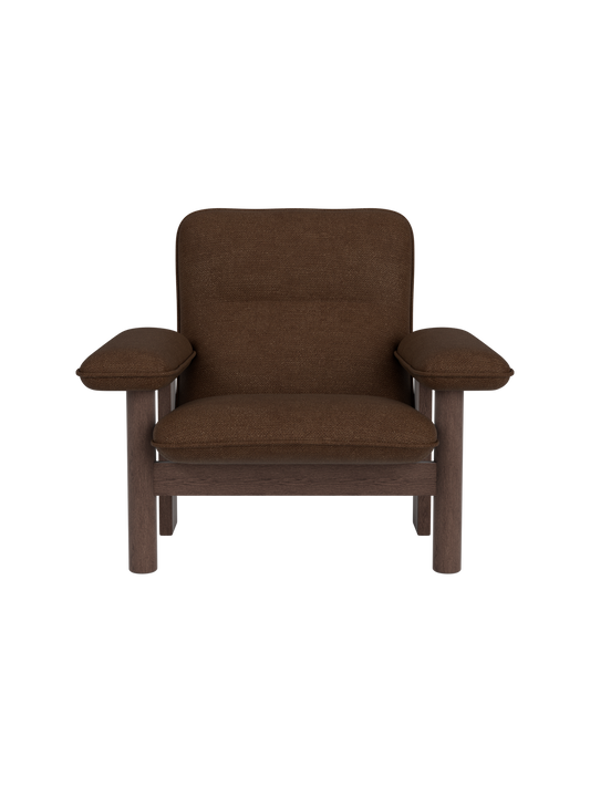 Brasilia Lounge Chair in dark stained oak with brown Audo Bouclé 07 textile upholstery and wide armrests.