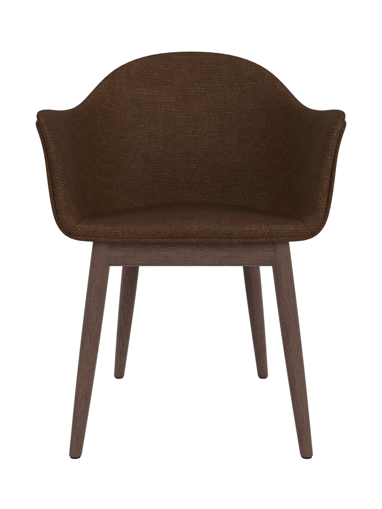 Harbour Dining Chair with a curved shell in dark brown Audo Bouclé 07 fabric and a dark stained oak wooden base.