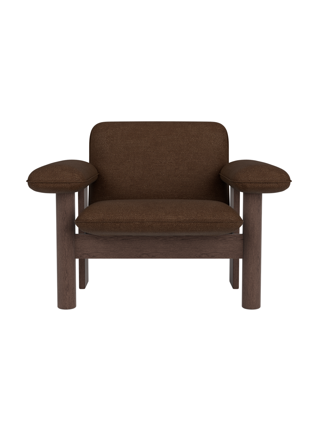 Brasilia Lounge Chair in dark brown bouclé upholstery with a low back and solid dark stained oak frame.