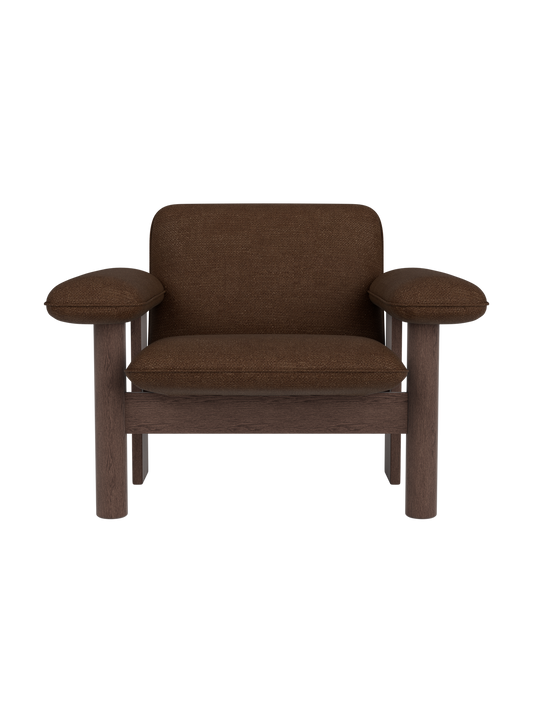 Brasilia Lounge Chair in dark brown bouclé upholstery with a low back and solid dark stained oak frame.