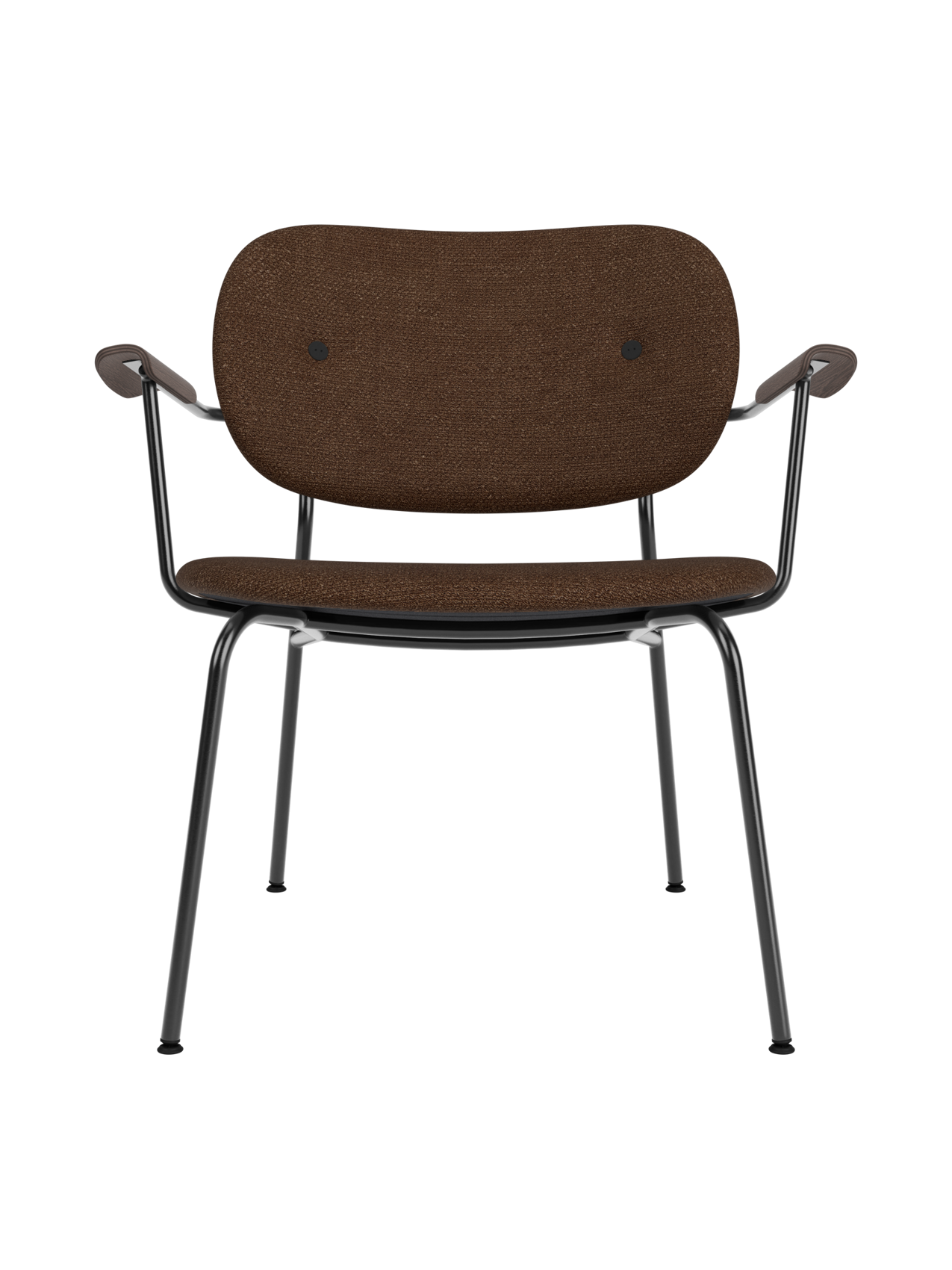 Co Lounge Chair, fully upholstered in brown bouclé fabric with dark stained oak armrests and slender black steel legs.