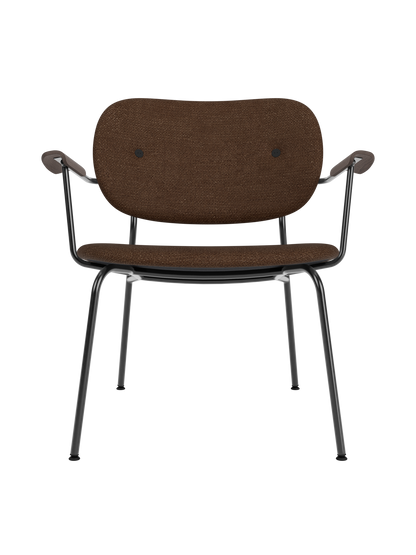 Co Lounge Chair, fully upholstered in brown bouclé fabric with dark stained oak armrests and slender black steel legs.