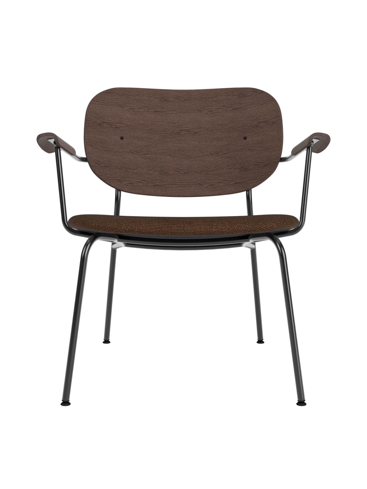 Co Lounge Chair featuring a dark stained oak back, brown bouclé upholstered seat and slender black steel frame.