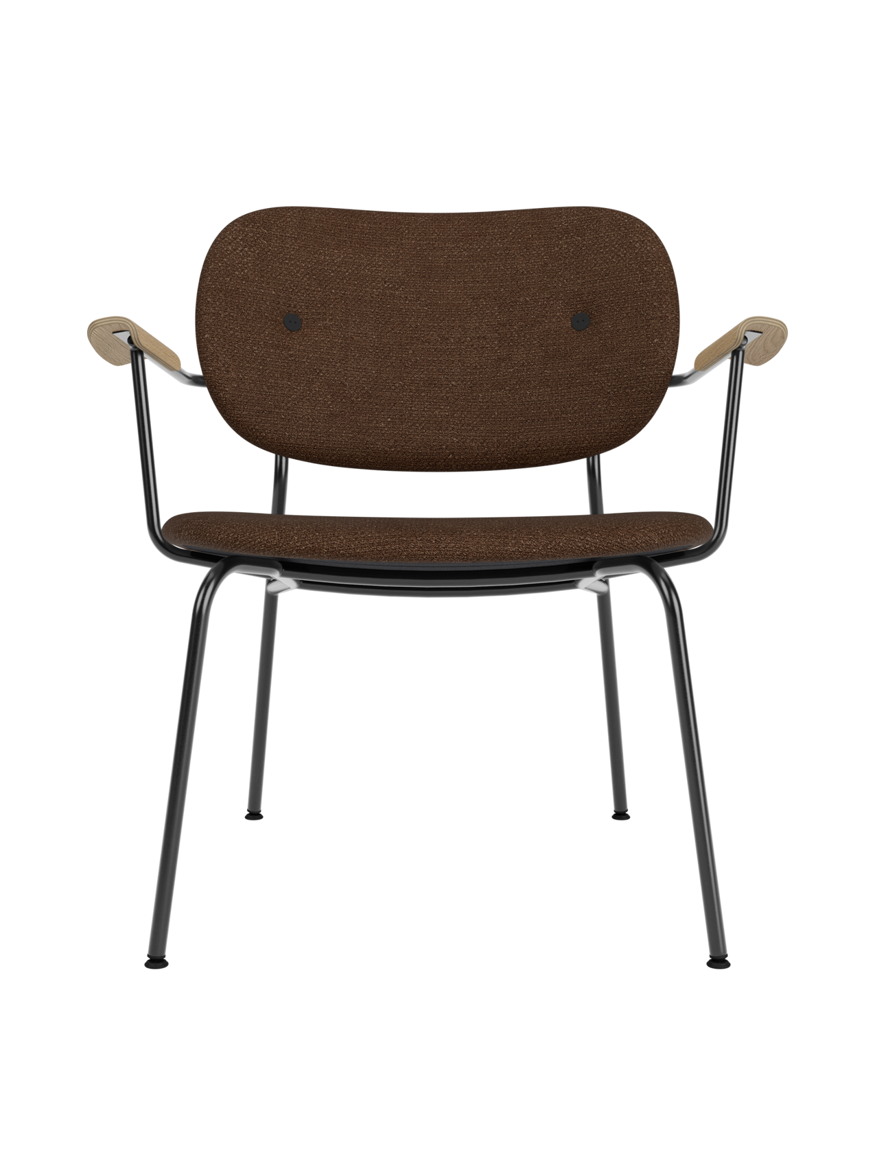 Co Lounge Chair in brown bouclé upholstery with natural oak armrests and a black steel frame, on a white background.