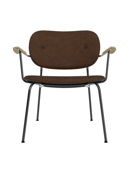 Co Lounge Chair in brown bouclé upholstery with natural oak armrests and a black steel frame, on a white background.