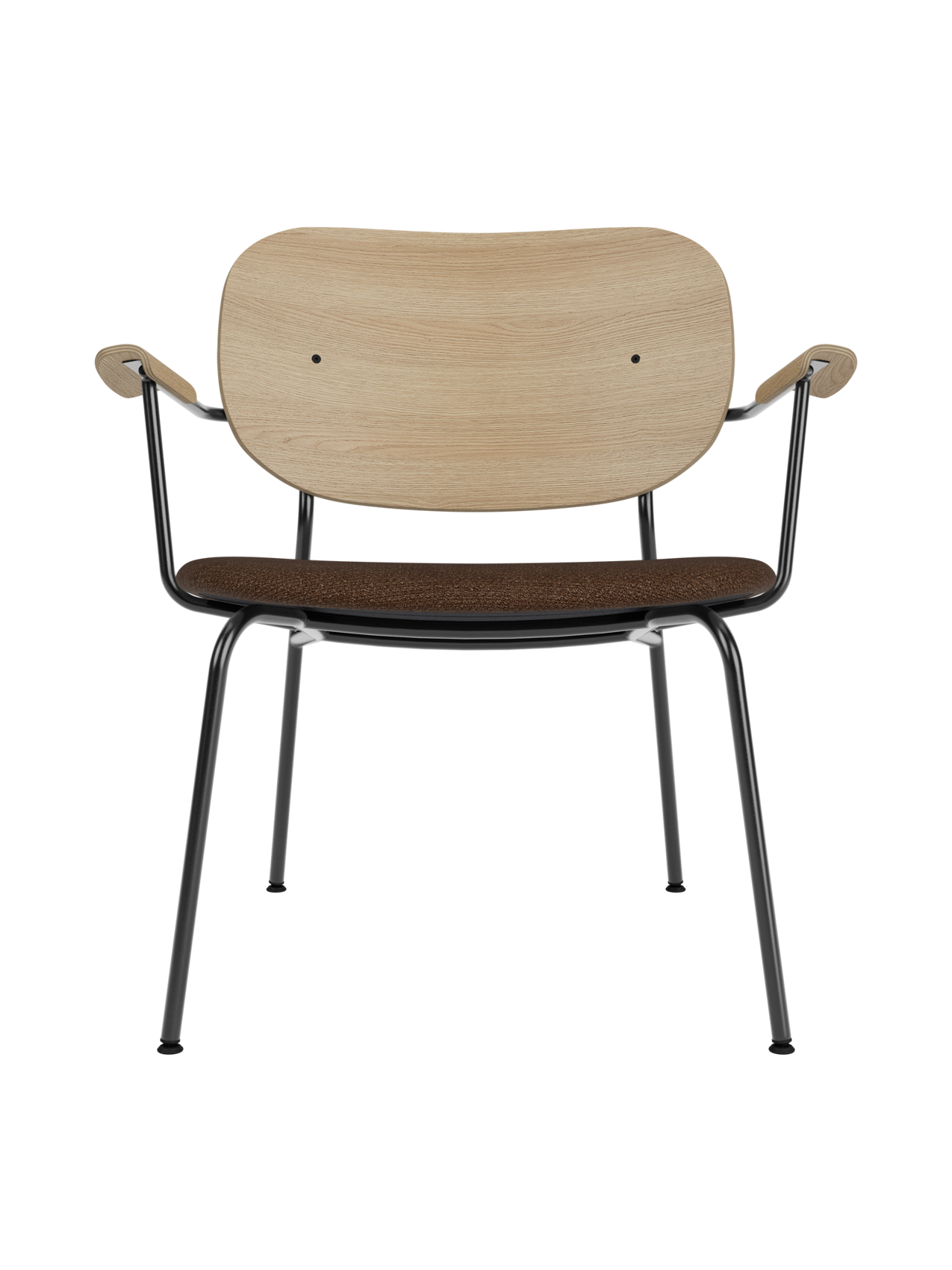 Co Lounge Chair with natural oak backrest and brown bouclé upholstered seat on a slim black powder-coated steel frame.