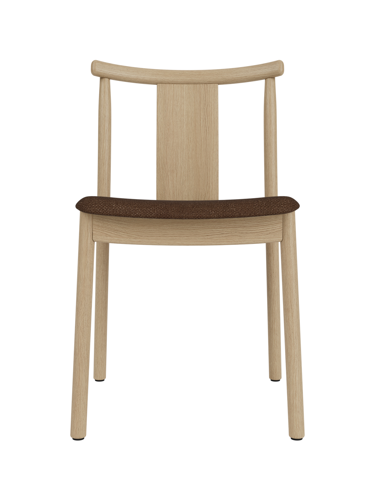 Natural oak Merkur Dining Chair with a brown boucl 6 seat, highlighting its elegant and minimalist solid wood frame.